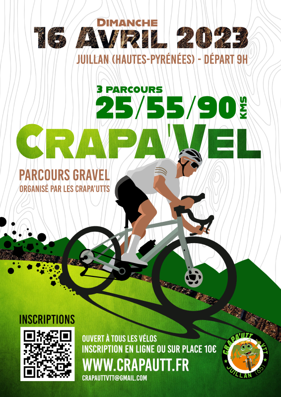 La CRAPA’Vel est une épreuve cycliste au départ de la Halles de Juillan (Place Antonin BETBEZE 65290 JUILLAN) sur route et chemins de type Gravel qui se déroulera le dimanche 16 Avril 2023 à partir de 9h.